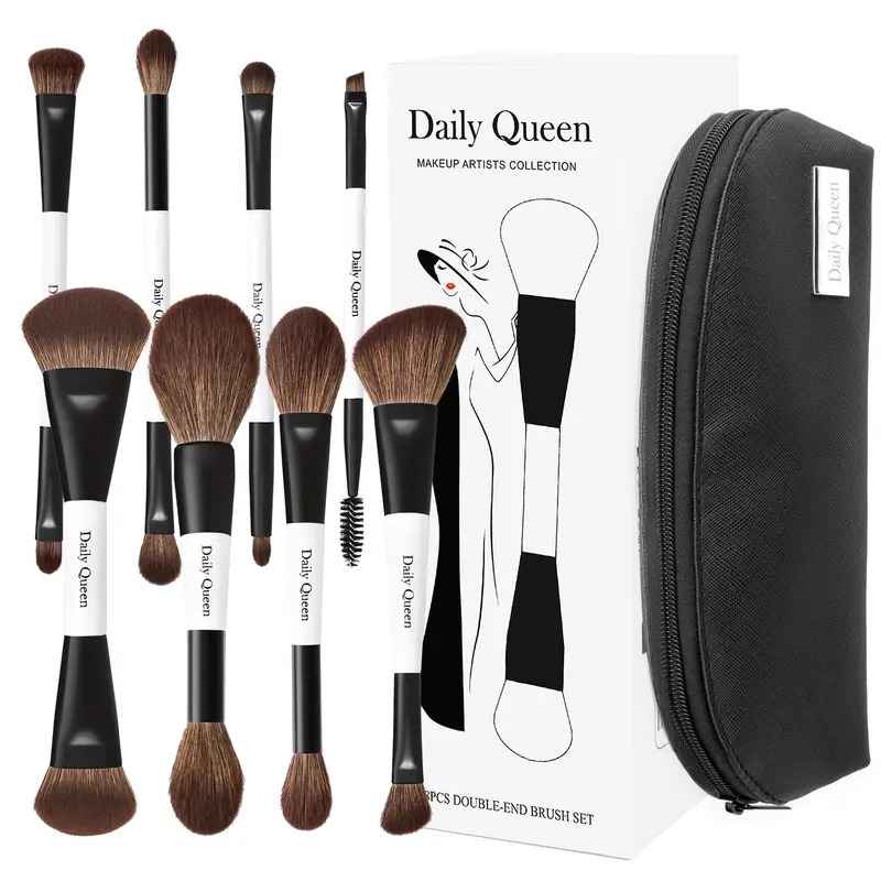 Daily Queen – Ensemble pinceaux maquillage portable 8 pièces, doubles et sac étanche