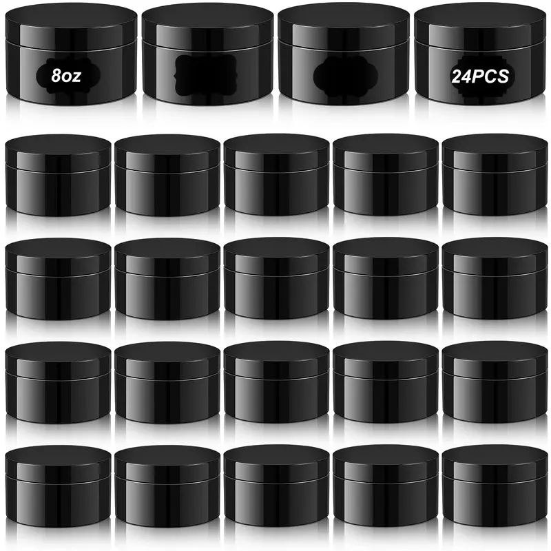Dandat – 24 bocaux plastiques noirs 250 ml avec bouchon et étiquettes