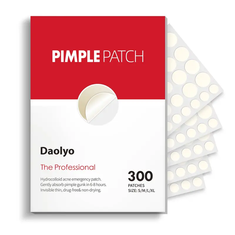Daolyo Pansements hydrocolloïdes pour acné — 300 pièces, Tailles 8-10-12-14 mm, Ingrédients naturels