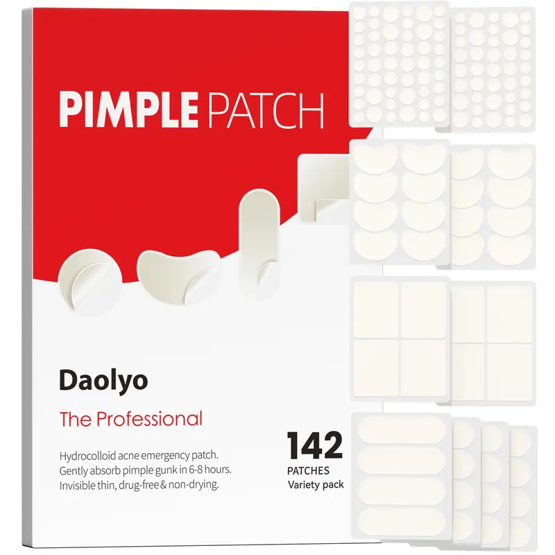 Daolyo Patch hydrocolloïde – 6 tailles, 142 pièces pour acné, visage et corps