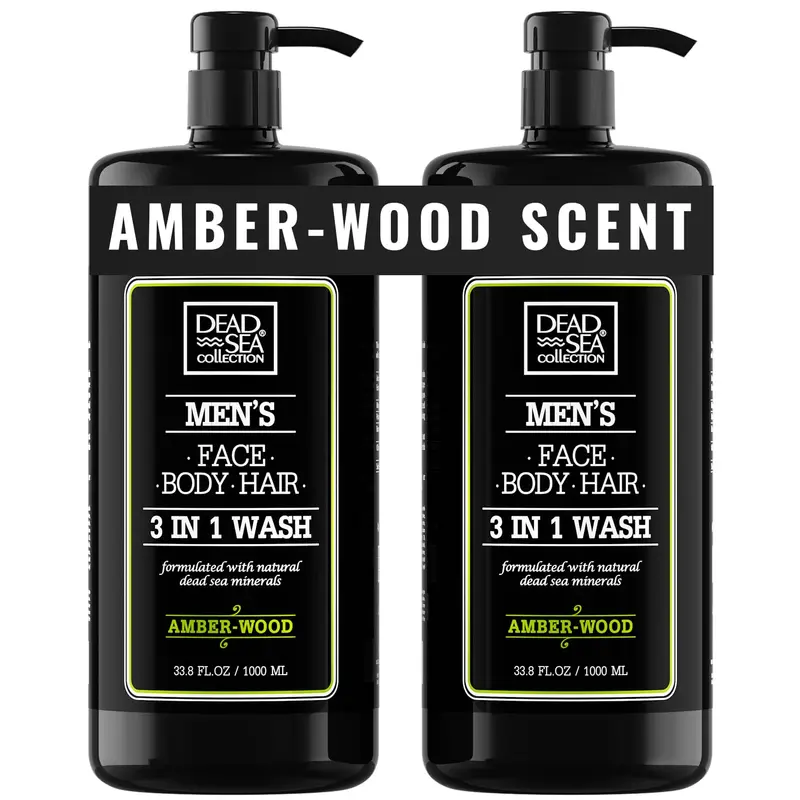 Dead Sea Collection Amber Wood Gel Douche 3-en-1 Homme – Minéraux de la Mer Morte – Lot de 2, 1000 ml chacun