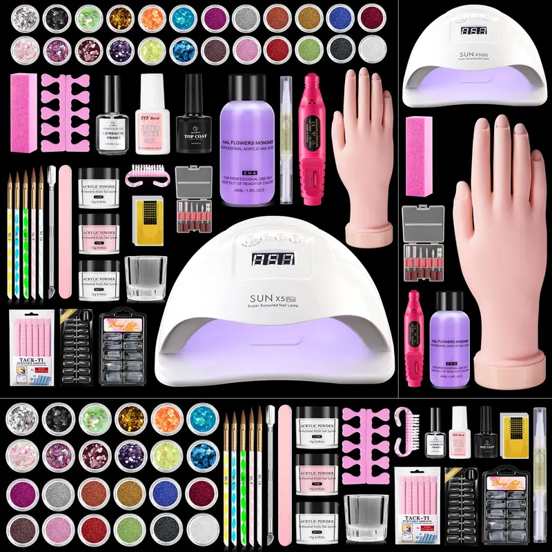 Deciniee Kit Acrylique Débutants – Lampe UV 80W, Drill Multifonctions, Poudre 15g et Liquide 70ml