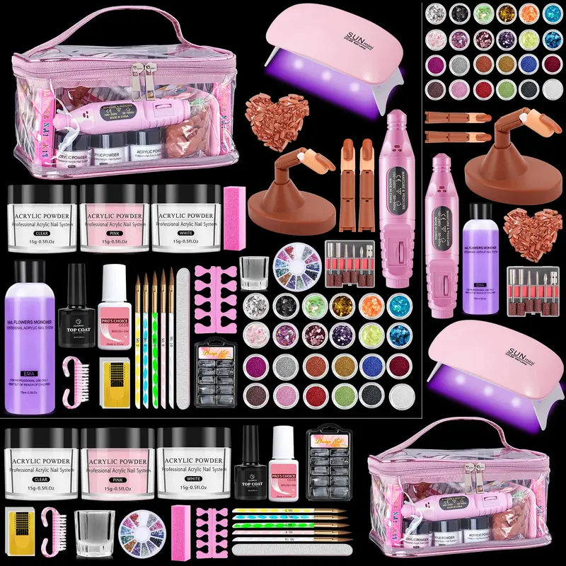 Deciniee Kit Ongles Débutants – Poudre Acrylique Liquide, Doigts d’Entraînement, UV Rose