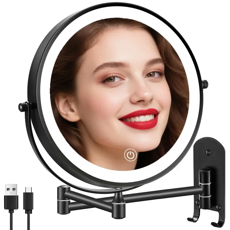 DECLUTTR Miroir Maquillage Mural Éclairé 9 pouces – Double Face 1X/10X, 3 Lumières, Sans Fil, Noir
