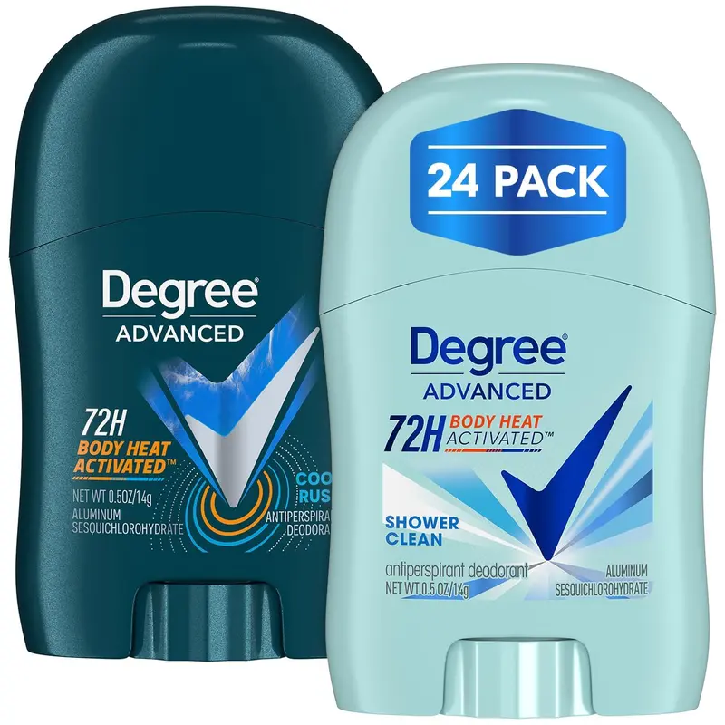 Degree Travel Déodorant Variété 24 sticks – 12 Cool Rush + 12 Shower Clean, 72H activé par chaleur corporelle