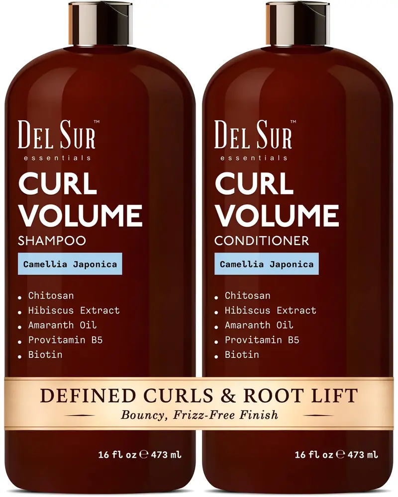 DEL SUR Coffret Shampoing et Après-Shampoing Boucles – 2 × 473 ml | Camellia japonica, Hibiscus et Amarante | Définition, Volume et Hydratation pour cheveux bouclés et ondulés