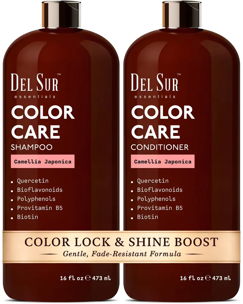 DEL SUR Set Shampoing et Après-Shampooing à protection couleur – 473 ml chacun – Camellia Japonica, Quercétine & Biotine – Hydratation et maîtrise des frisottis