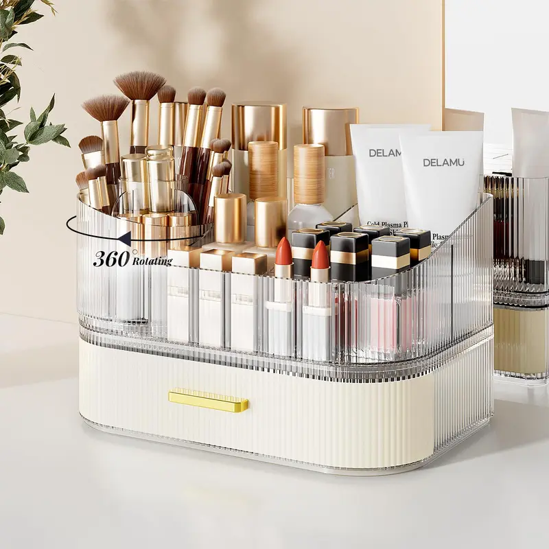 Delamu Organisateur de Maquillage pour Vanity – Tiroirs Empilables et Porte-Brosses 360° | Blanc Élégant