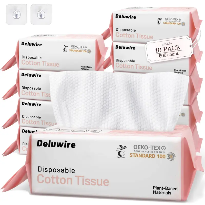 Deluwire Soft Dry Wipe – 10 sachets, lingettes faciales jetables ultra épaisses, 800 pièces