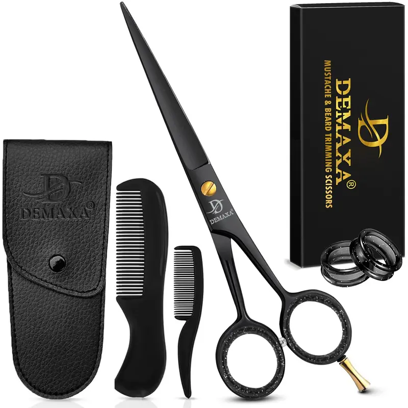 DEMAXA Ciseaux Barbe Professionnels 5 Pouces – Set moustache et barbe avec 2 peignes et pochette