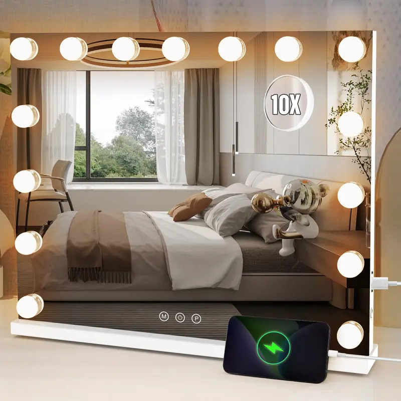 DenCert Miroir Maquillage Hollywood Lumineux 19x23 – 15 LEDs, 3 Couleurs, Contrôle Tactile et Loupe Détachable 10x