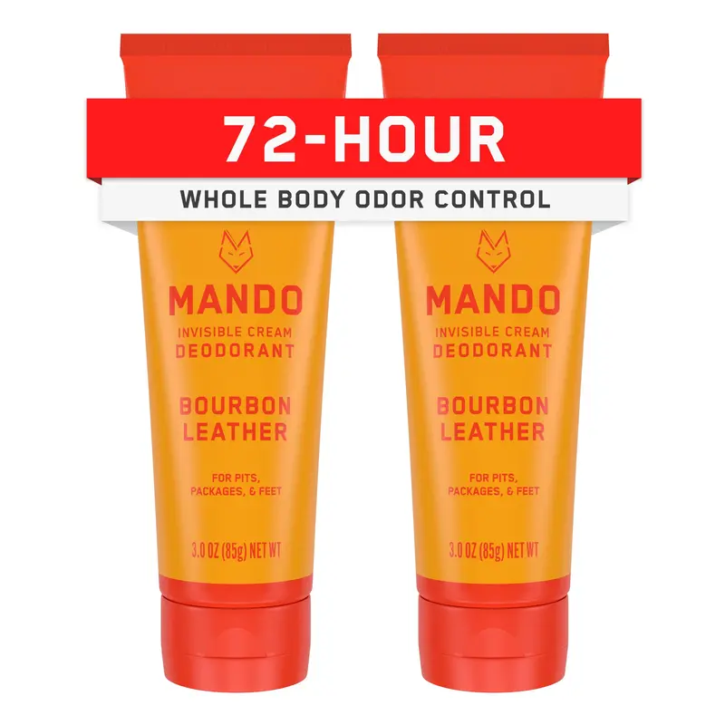 Déodorant corporel invisible Mando pour hommes — Contrôle des odeurs 72h — Sans aluminium ni bicarbonate de soude — Lot de 2 tubes 88 ml – Bourbon Leather