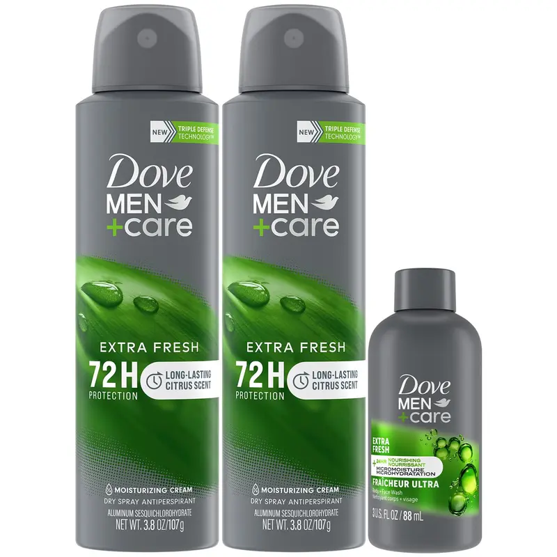 Déodorant Dove Men+Care Dry Spray Antiperspirant – Lot de 2 + Gel Douche Voyage 3 oz – Protection 72 h et Fraîcheur Durable