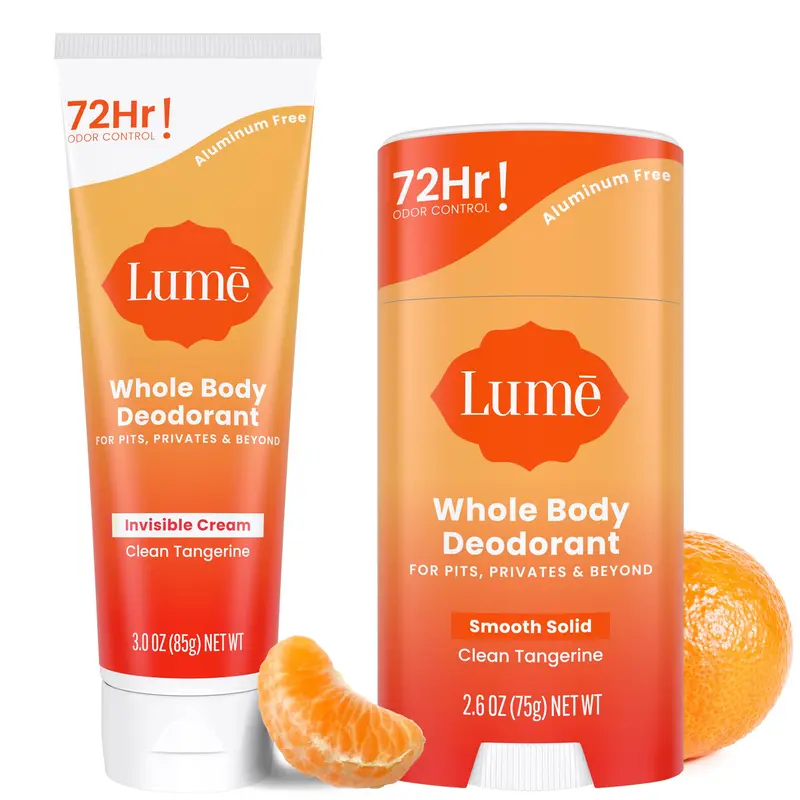 Déodorant Lume Corps Invisible – Tube Crème 3 oz + Stick Solide 2,6 oz, 72 h Contrôle des Odeurs, Sans Aluminium ni Bicarbonate, Parfum Tangerine