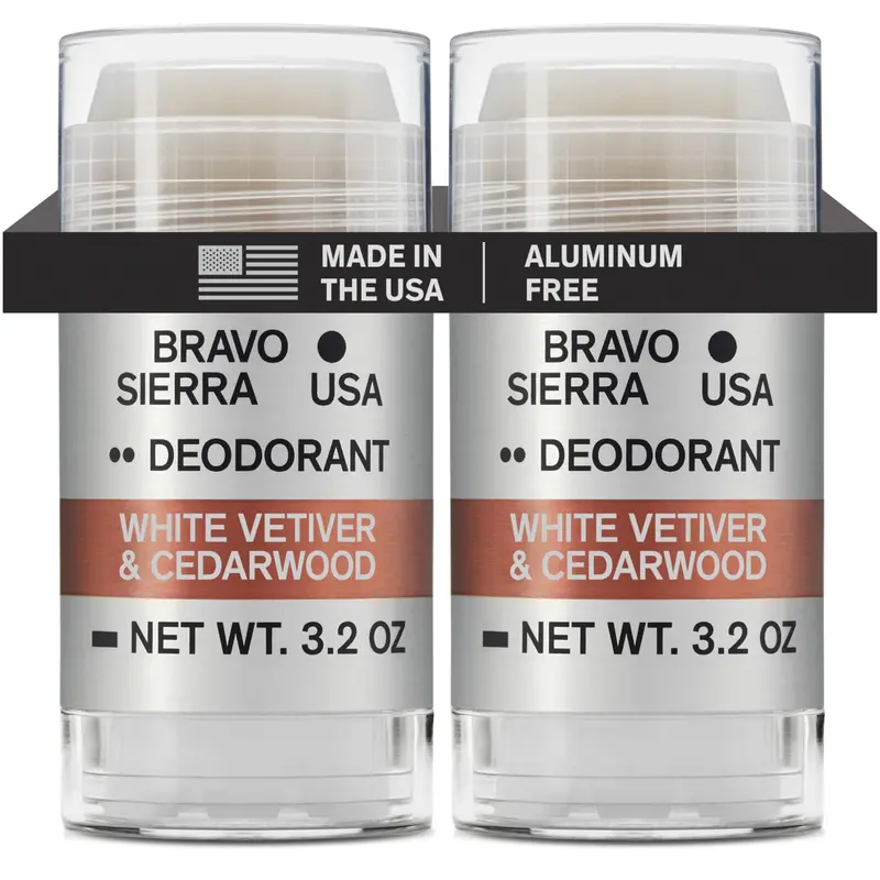 Deodorant sans aluminium pour hommes Bravo Sierra – Pack 2, Vetiver blanc et Cedre, 3,2 oz