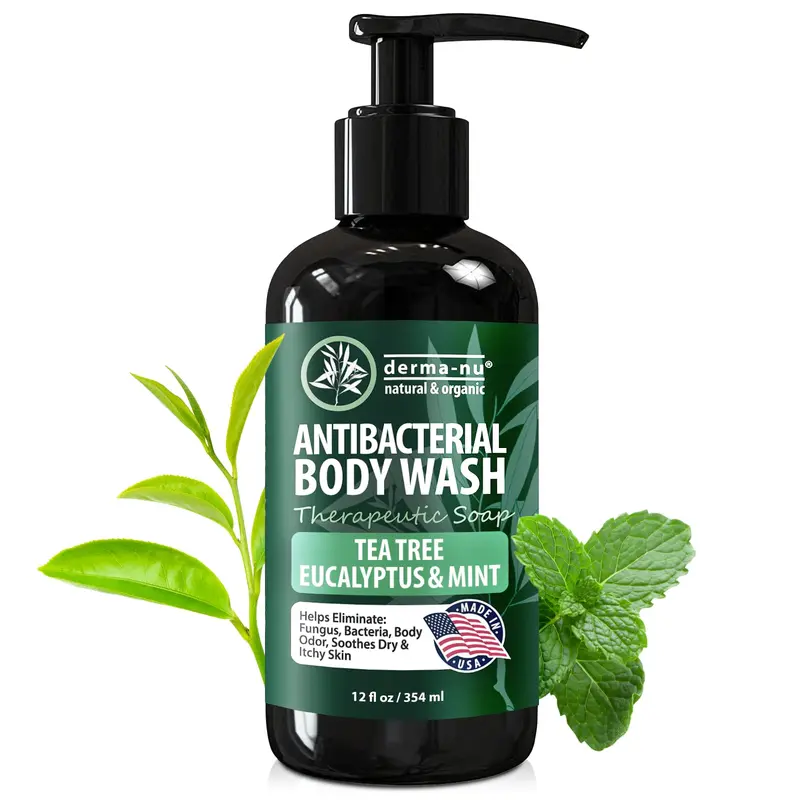Derma-Nu Savon antibactérien thérapeutique & Gel douche Tea Tree – Pour pieds d’athlète, irritations de l’aine, eczéma et acné du dos – Homme et femme – 12 oz