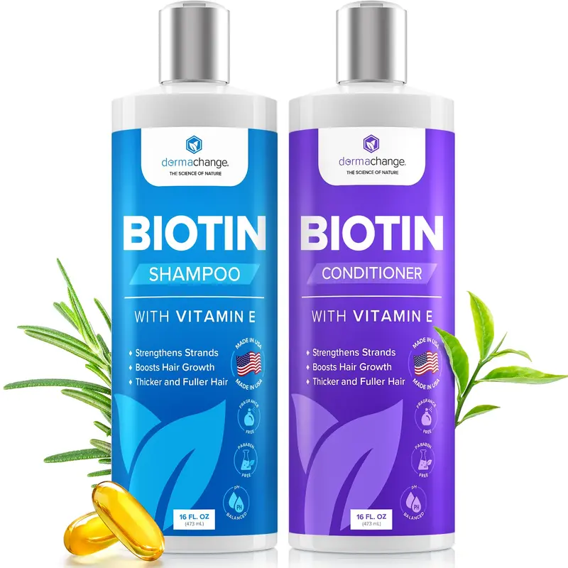 DermaChange Shampoing et Après-Shampoing Biotine – Croissance capillaire – Hommes & Femmes – Tea Tree, Manuka, Romarin – 473 ml