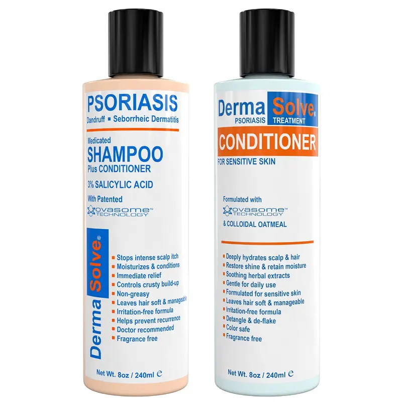 Dermasolve Shampoing Médicamenteux Anti Pellicules et Psoriasis + Après-Shampooing Hydratant – Soin Doux pour Cuir Chevelu Sensible