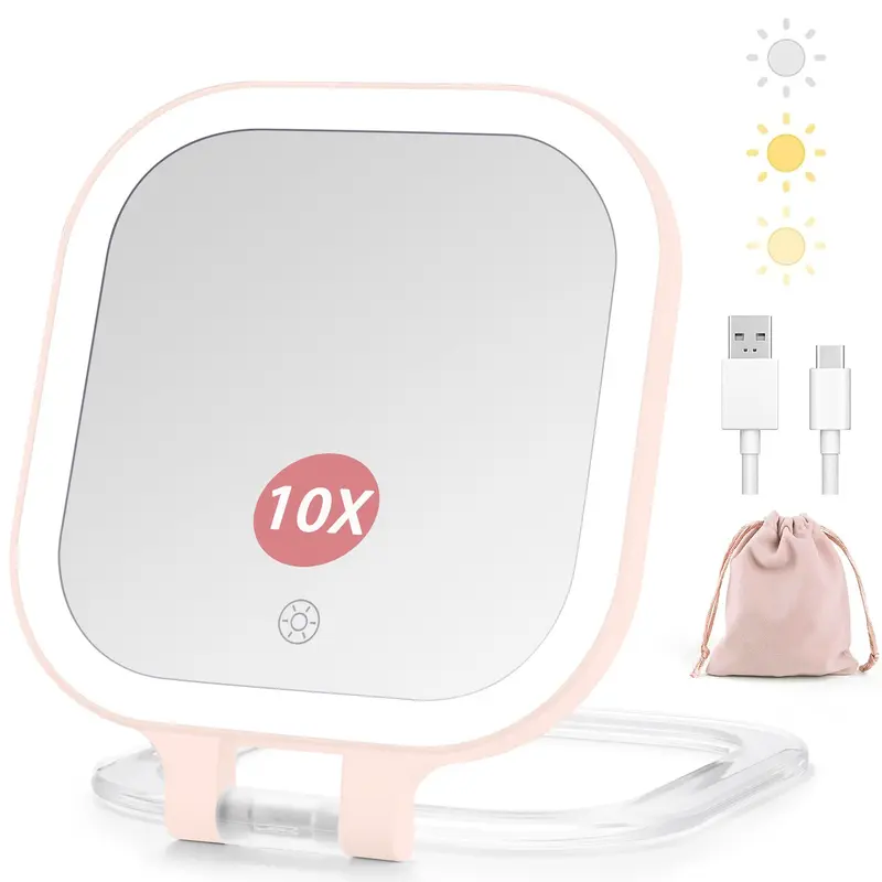 DESCHEN Miroir de Maquillage de Voyage Rechargeable 1x/10x avec Lumières – Rose