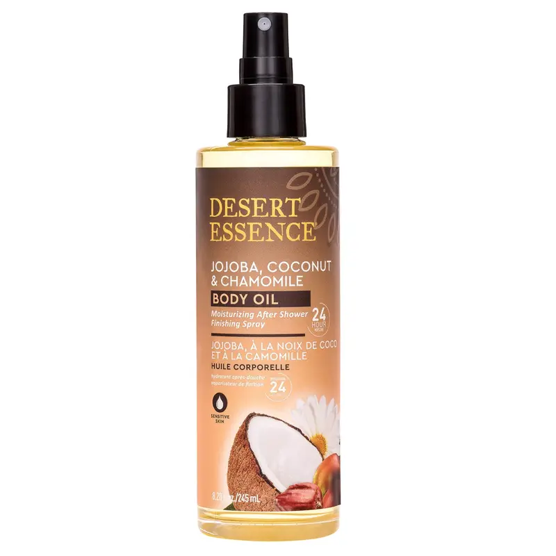 Desert Essence Brume Huile pour le Corps – 244 ml | Jojoba, Coco & Camomille | Hydratation 24H | Léger Après‑Douche | Végan, Sans Cruauté, B‑Corp, Fabriqué aux États‑Unis