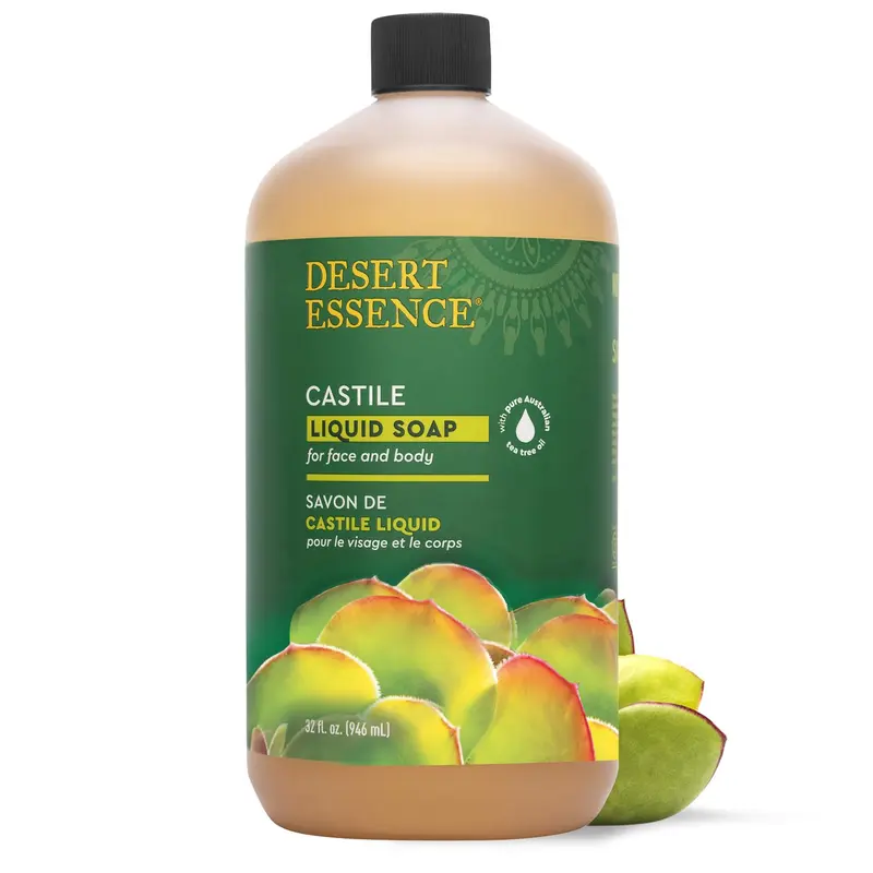Desert Essence Savon Liquide Castile Tea Tree – 32 oz, Nettoyage Visage et Corps, Huile d’olive et huile de coco