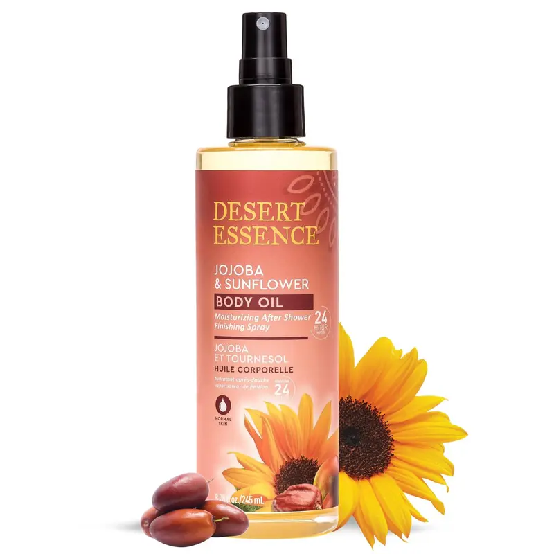 Desert Essence – Spray d'huile corporelle Jojoba & Tournesol, 8,28 fl. oz | Hydratation 24h, Vegan et Cruelty-Free
