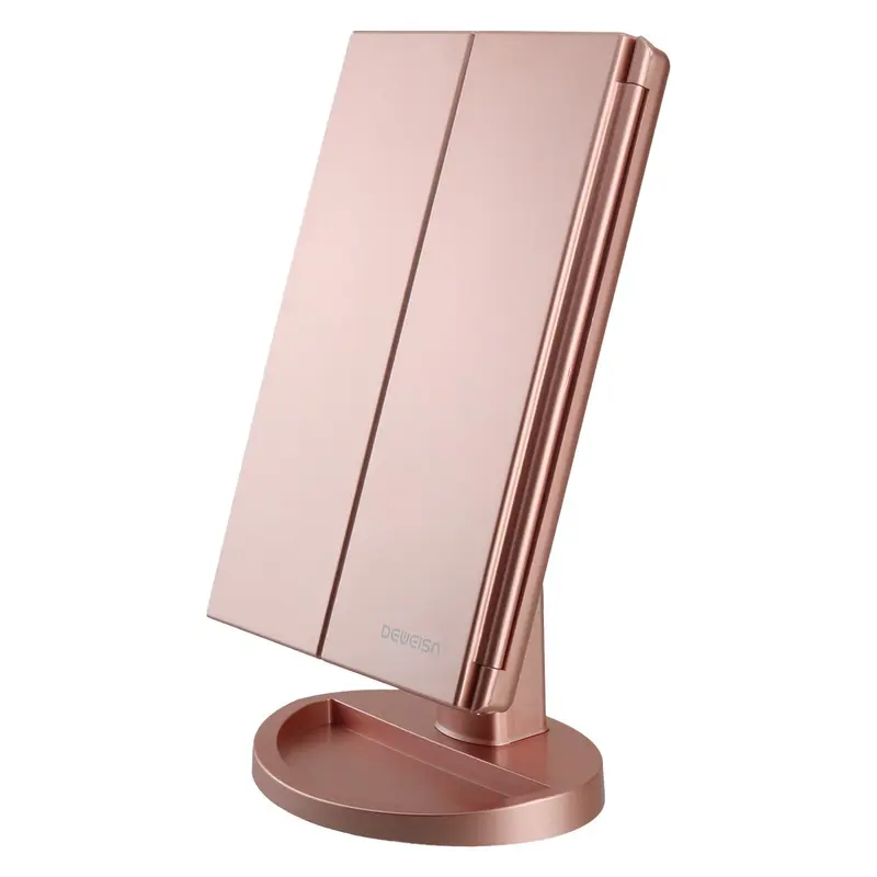 deweisn Miroir Coiffeuse à Trois Volets Éclairé – 21 LED, Capteur Tactile, Grossissements 3x/2x/1x, Alimentation USB ou Piles, Miroir de Voyage