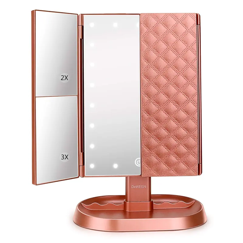 deweisn Miroir de Maquillage à Trois Volets Lumineux – 21 LED, Grossissements 1x/2x/3x, Variateur Tactile, Double Alimentation