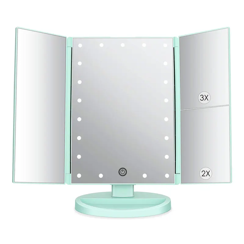 deweisn – Miroir de maquillage lumineux à trois volets avec 21 DEL et grossissements 3×/2×/1×