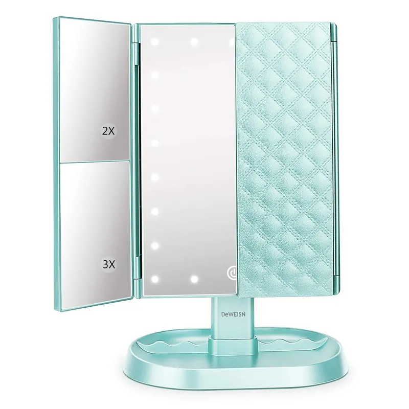 deweisn Miroir Maquillage Tri-Fold Éclairé – 21 DEL, Grossissements 1x/2x/3x, Contrôle Tactile