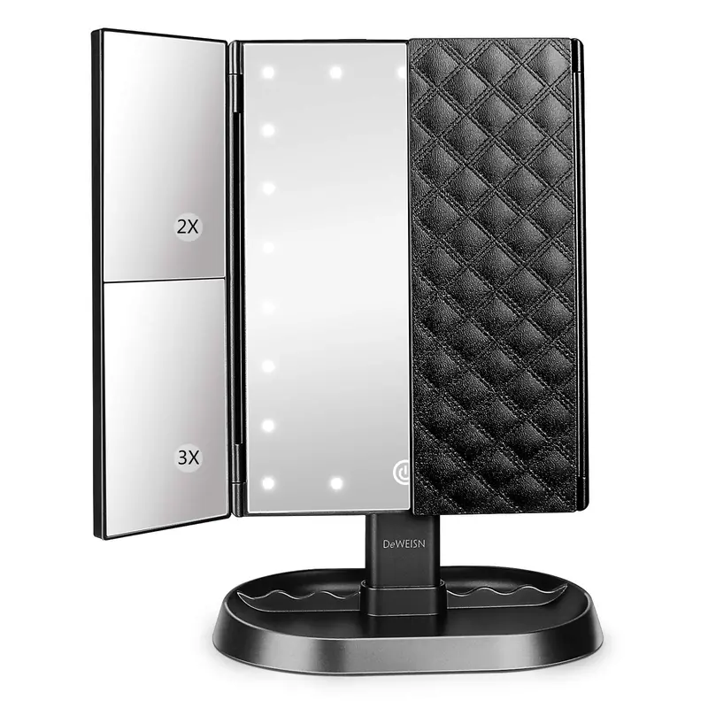 deweisn Miroir Vanité Tri-Fold Éclairé – 21 DEL, Grossissements 1x/2x/3x, Contrôle Tactile, Double Alimentation
