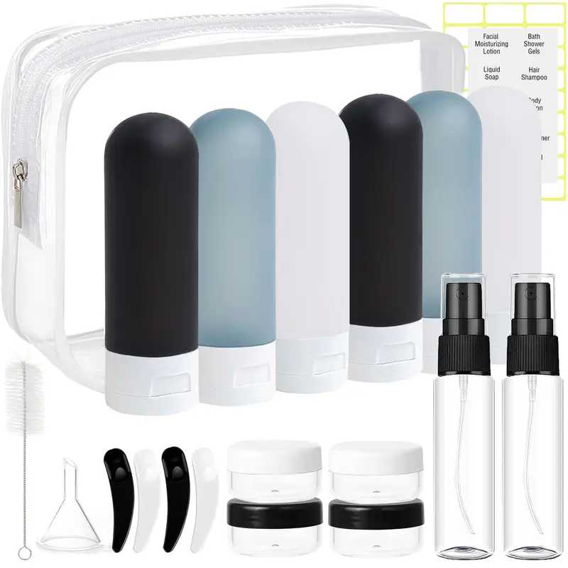 DEWSENSI Ensemble de 20 Bouteilles de Voyage – Étanches et Réutilisables pour Shampoing et Soins (Couleur Sombre)