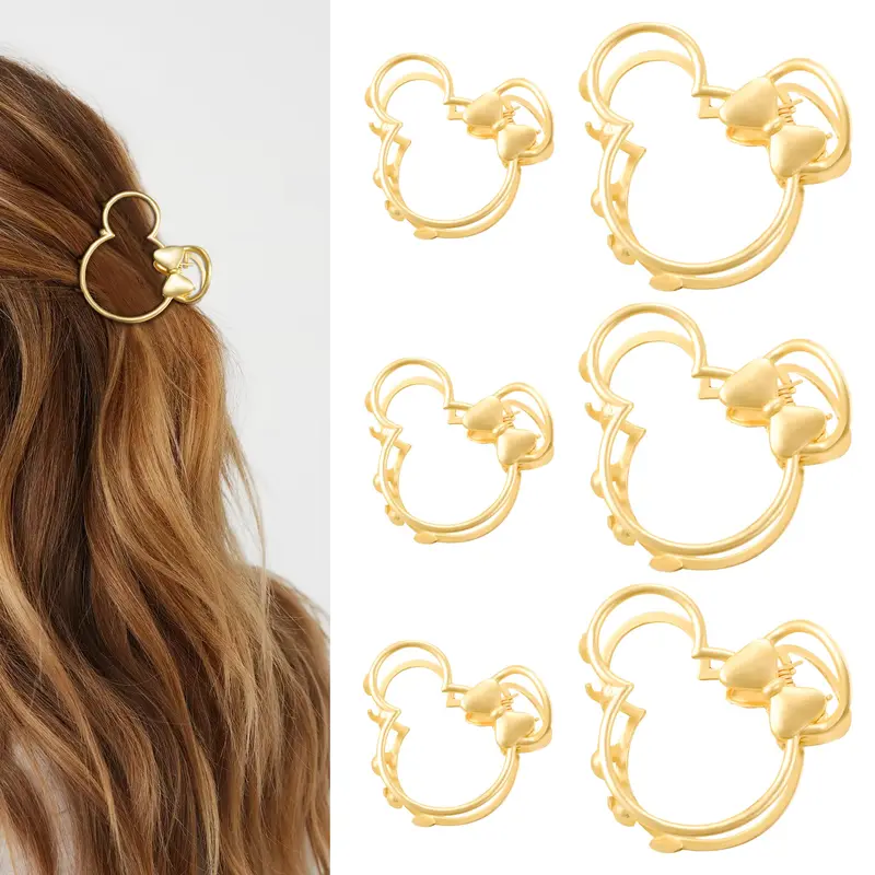 DF DUALFERV – Lot de 6 pinces-griffe métal doré pour cheveux épais | Accessoires Thème oreilles de souris