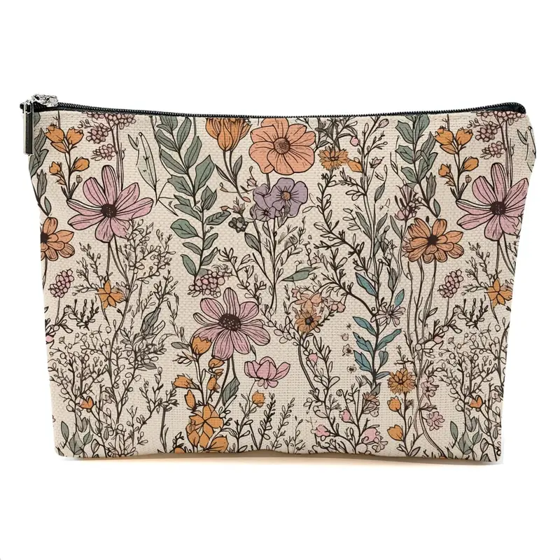 DHKG Trousse Maquillage Lin Vintage – Fleurs Sauvages, Organiseur de Voyage et Cadeau pour Femme