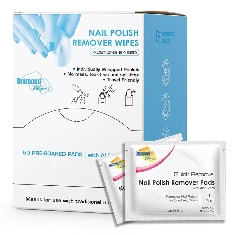 Diamond Wipes Lingettes Démontage Vernis à Ongles avec Aloe Vera et Acétone – 50 Sachets Individuels