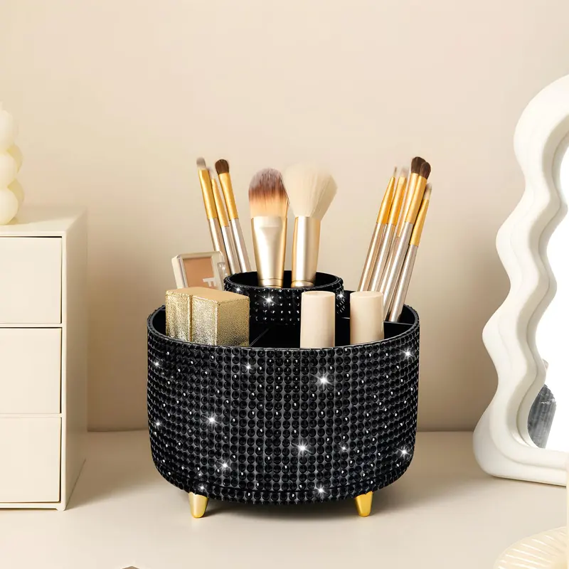 Diesisa Bling Diamond Porte-Pinceaux 360° — Organisateur Rotatif, 5 Emplacements, Diamant Noir