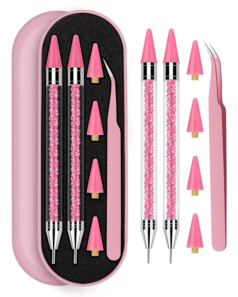 Difenni – Outil repérage-strass à double tête avec crayon cire, 4 embouts rechargeables et pince à strass (Rose B)