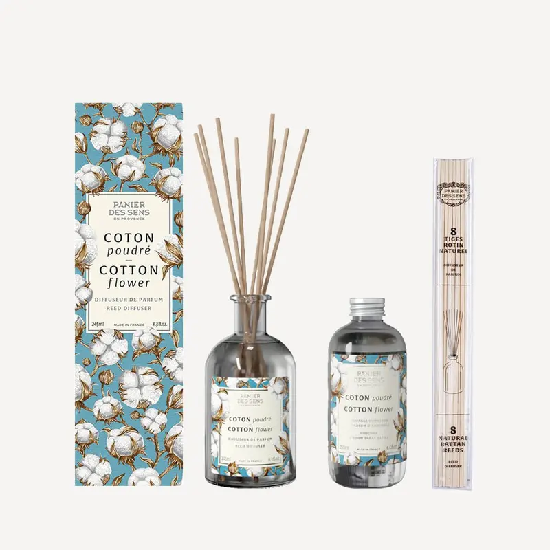 Diffuseur de parfum d'ambiance Coton Poudré + recharge diffuseur + rotins