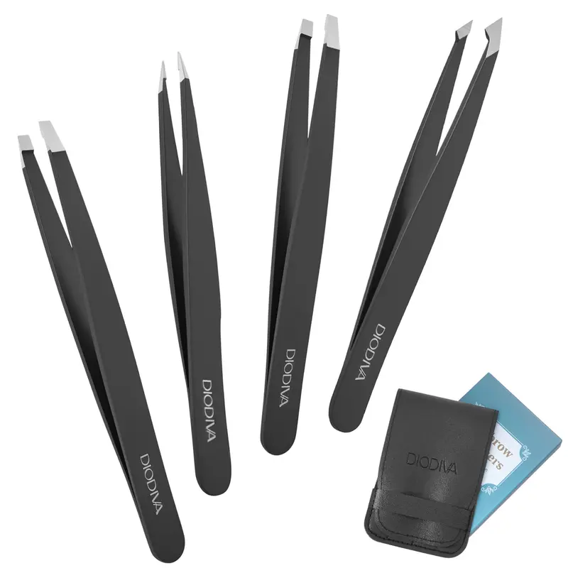 Diodiva – Coffret 4 Pinces Sourcils et Poils du Visage | Acier Inoxydable & Étui