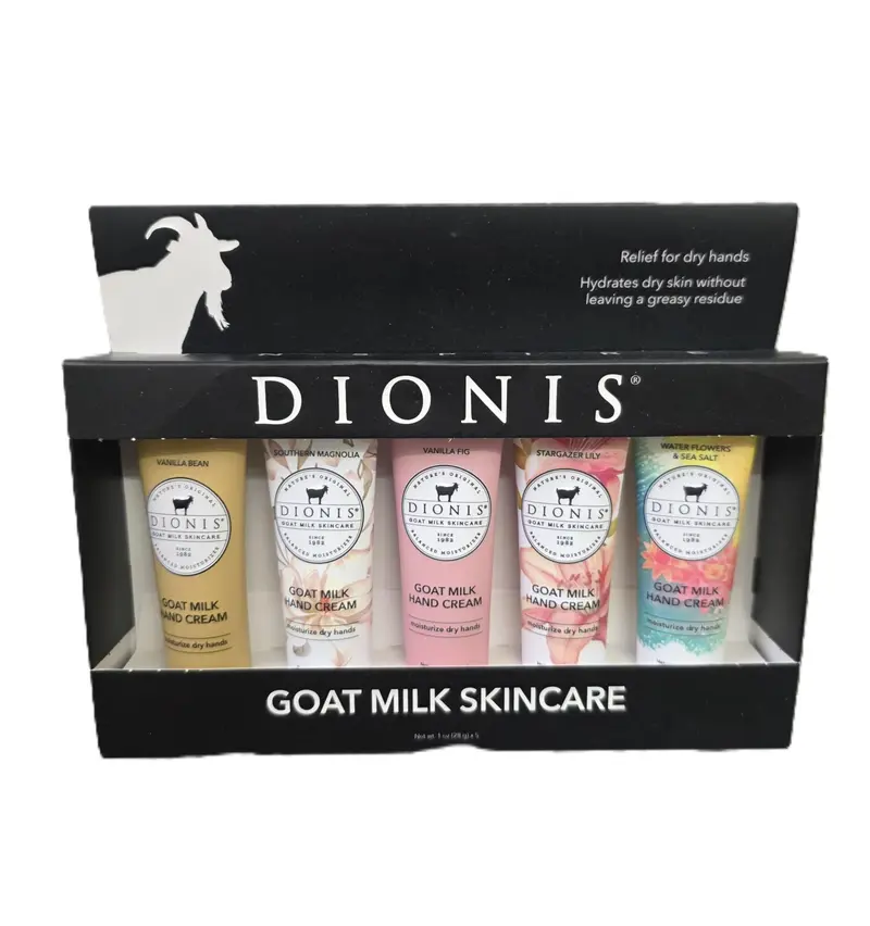 Dionis Coffret 5 Crèmes Mains Lait de Chevre – Vanille, Magnolia du Sud, Vanille et Figue, Lys Stargazer, Fleurs Eau et Sel Marin – Non Gras