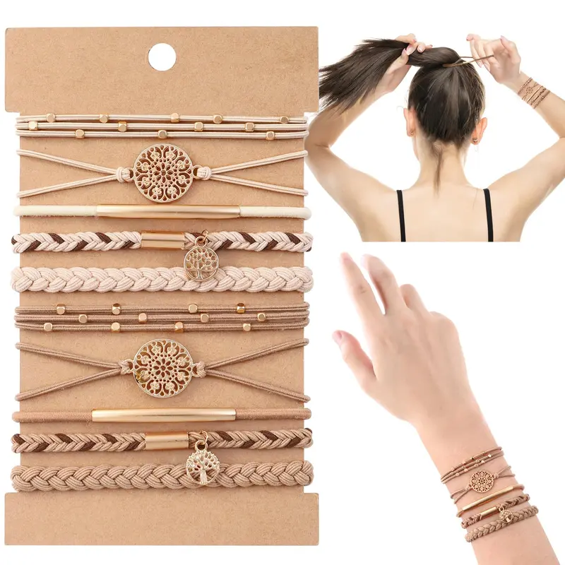 DIYDEC 10 Élastiques Cheveux – Bracelet Bohème 5 Styles Sans Dégât (Beige et Café Clair)