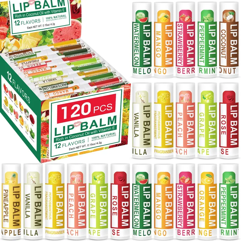 DMSKY Baume à Lèvres 120 Pièces – Hydratant Naturel au Coco et Vitamine E | 12 Saveurs