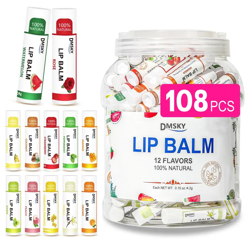 DMSKY Baume à lèvres en vrac 108 pièces – Hydratant, vitamine E et huile de coco, 12 saveurs