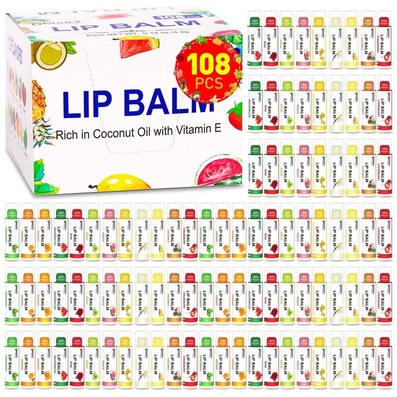 DMSKY – Lot de 108 Baumes à Lèvres Naturels | Vitamine E et Huile de Coco, Hydratants pour Lèvres Abîmées – 12 Saveurs