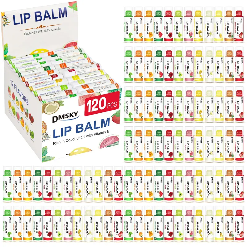 DMSKY Lot de 120 Baumes à Lèvres – Naturel, Vitamine E et Huile de Coco, 12 Saveurs
