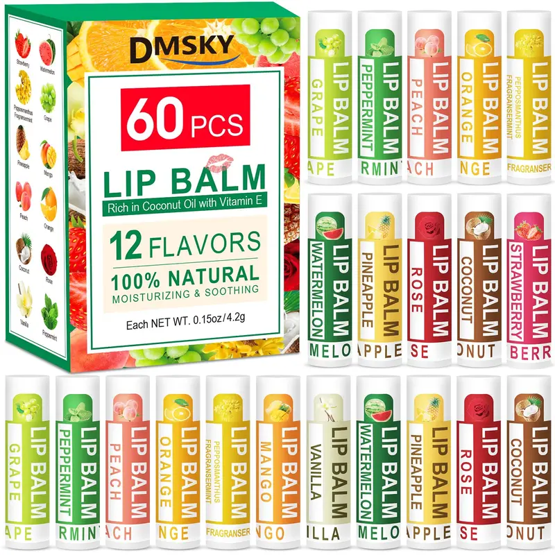 DMSKY Lot de 60 Baumes à Lèvres Naturels – Hydratation durable et 12 saveurs