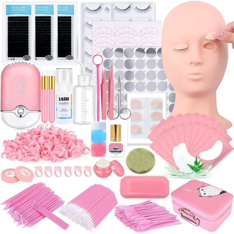 DNSGOOR Kit Extensions Cils Pro — Tête Mannequin Détachable, Ventilateur USB et Outils d'Apprentissage
