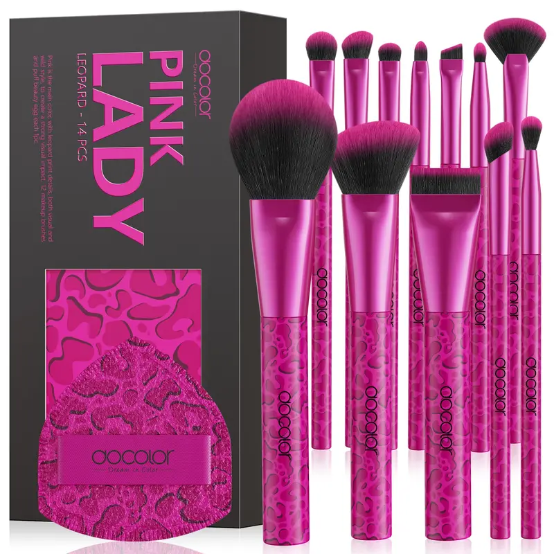 docolor Pinceaux de Maquillage 12 pièces Rose Léopard – Fond de Teint, Poudre, Yeux, Blush + Houppette