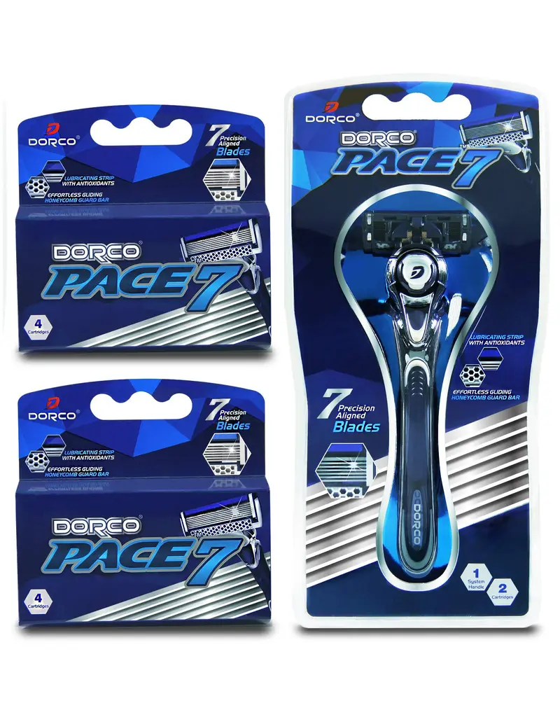 Dorco Pace 7 – Système de rasage pour hommes avec sept lames courbes – Pack valeur (10 cartouches + 1 manche)