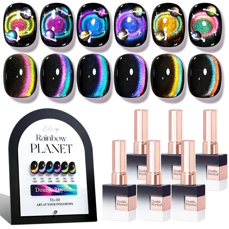 Double Rhythm Gel Cat Eye – Ensemble de 6 Vernis Gel Identiques, Flacon 15 ml, Effet Holographique Arc-en-Ciel Magnétique – Kit UV à Domicile (T6-88)